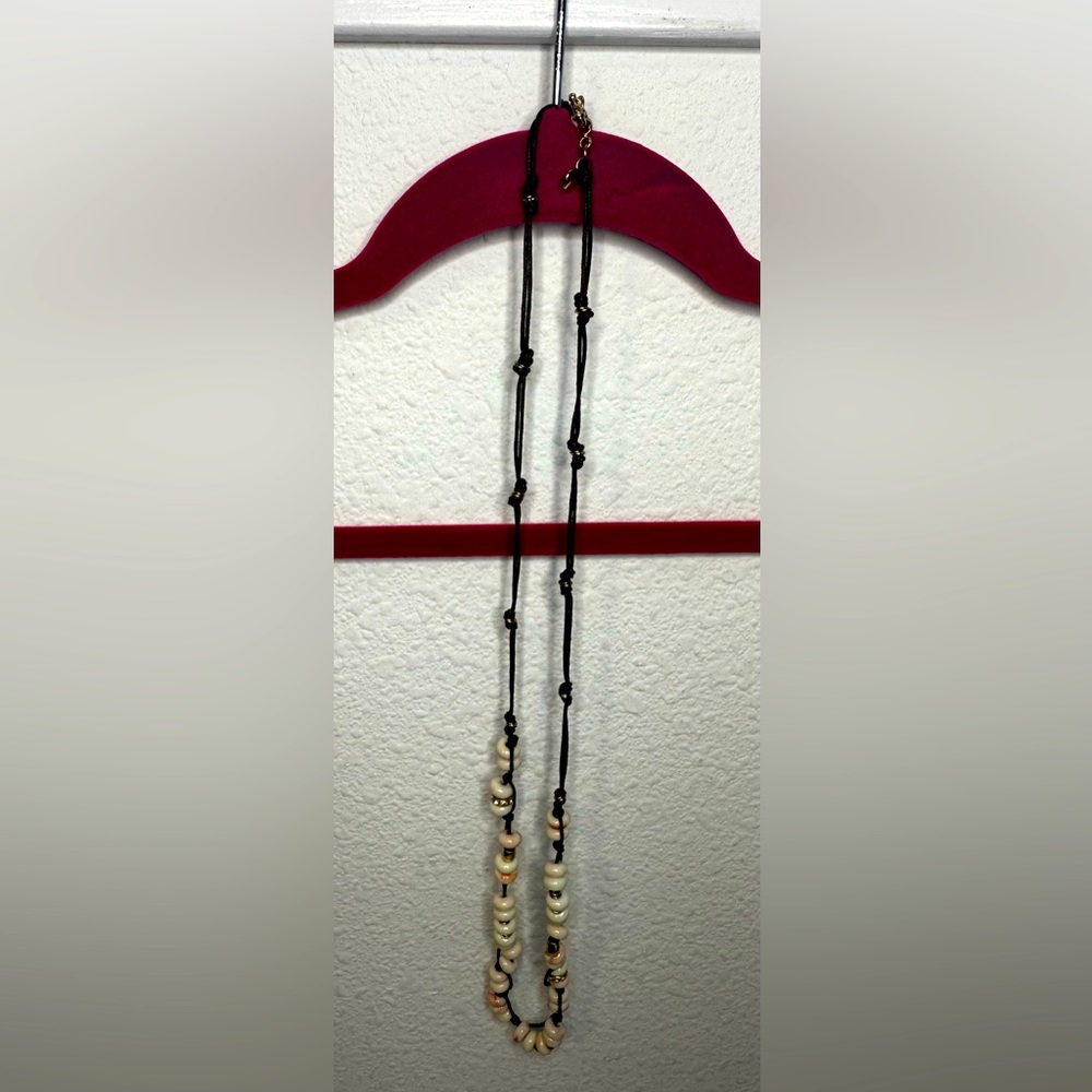 J Crew faux pearl necklace, on brown cord,‎ crystal rondells